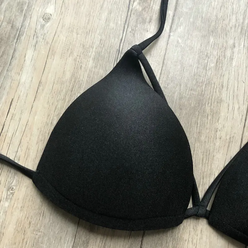 Black String Bikini Set Women Sexy Thong 2 Piece Swimsuit Solid Padded Bra Bathing Suit Women Halter Swimwear Push Up Biquini