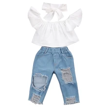 Fashion Casual Toddler Kid Girls Clothing Off Shoulder Tops+Hole Denim Pants Jeans Outfits Set Clothes