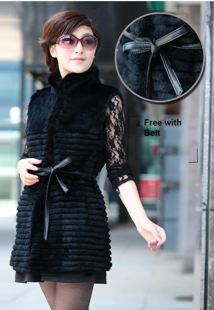 

Real natural genuine rex rabbit fur vest women's long sleeveless fur coat winter fur waistcoats 3XL Free shipping