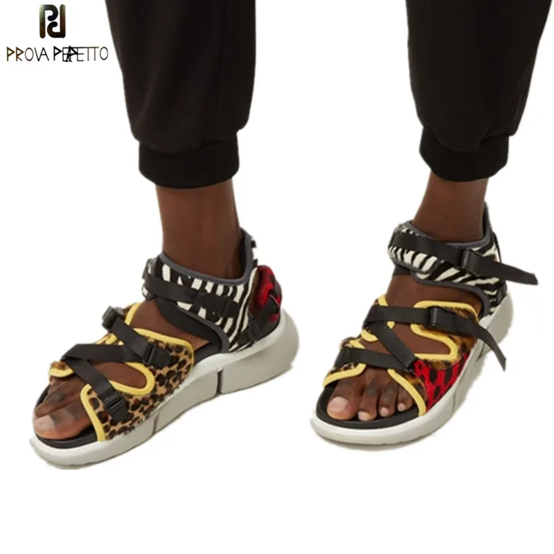 

Woman Canvas Leopard Print Sandals Snakeskin Mixed Color Buckle Flats Open Toe Sandals For Ladies Summer Thick Bottom Sneakers