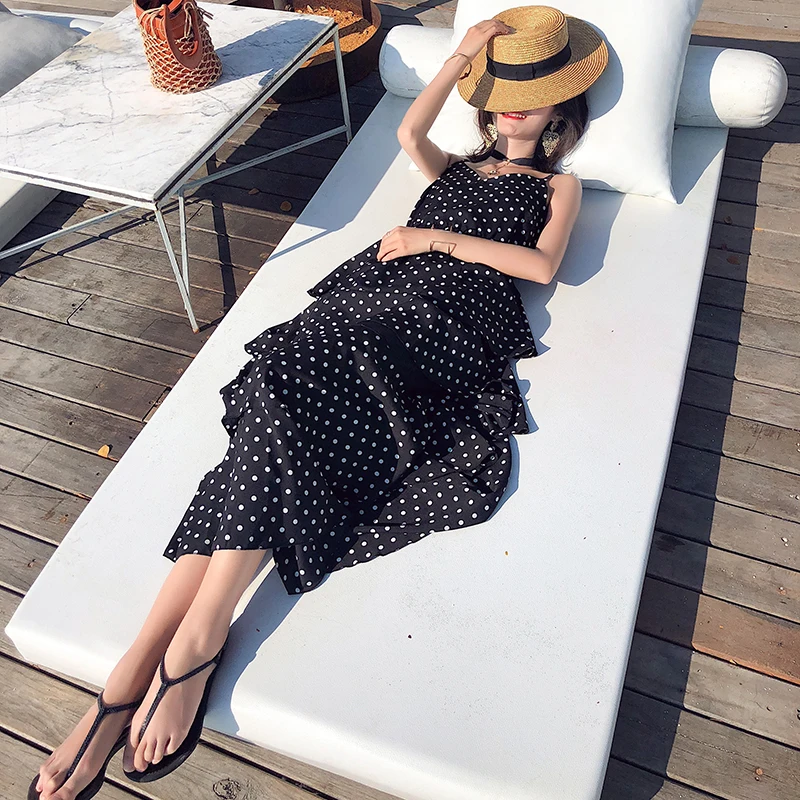 Summer Women Black Sundress Long Polka Dot Tropical Sexy Lady Vacation Backless Casual Ruffles Midi Beach Sea Dress New Arrival