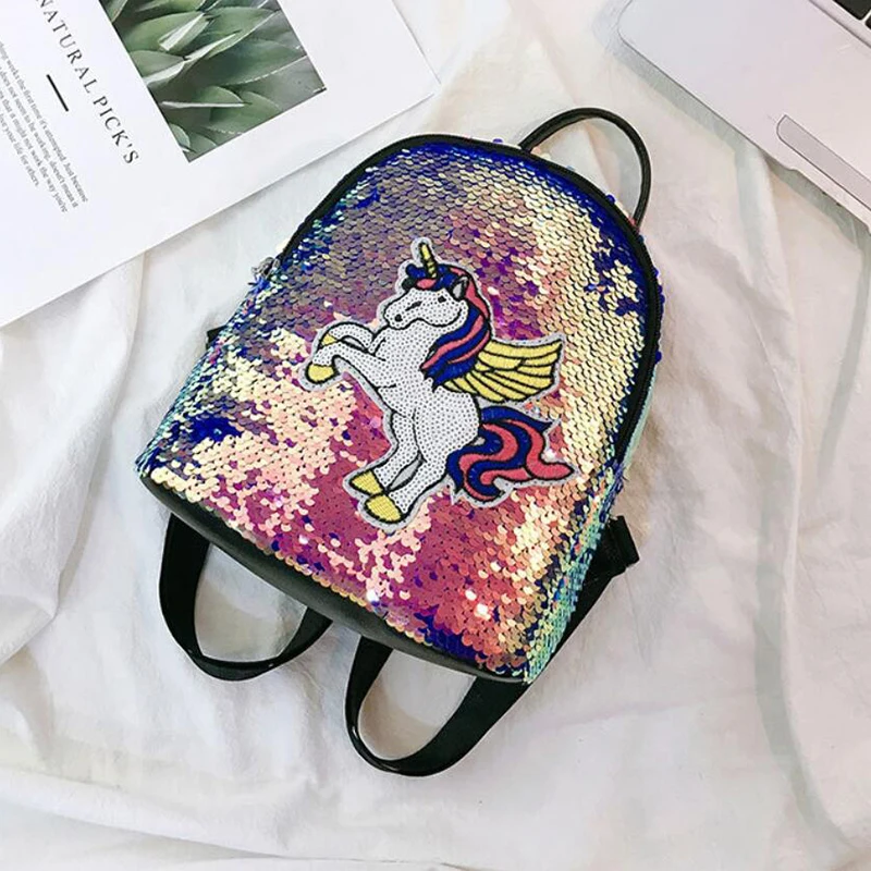 Женский рюкзак с изображением единорога, мини-рюкзак из искусственной кожи с блестками, школьная сумка для девочки-подростка, дорожная сумка, мультяшный рюкзак