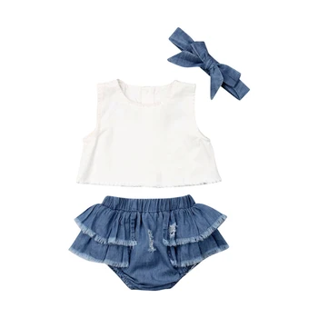 

US STOCK Summer Infant Baby Girl Sleeveless Tops+Denim Ruffle Pants Shorts+Headband 3Pcs Outfits Clothes