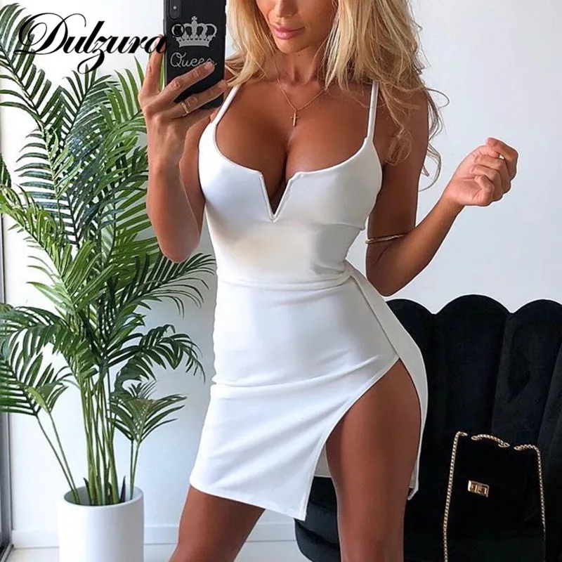

Dulzura 2019 summer women dress v neck sexy slit strap backless party dress festival bodycon elegant clothes white ladies club