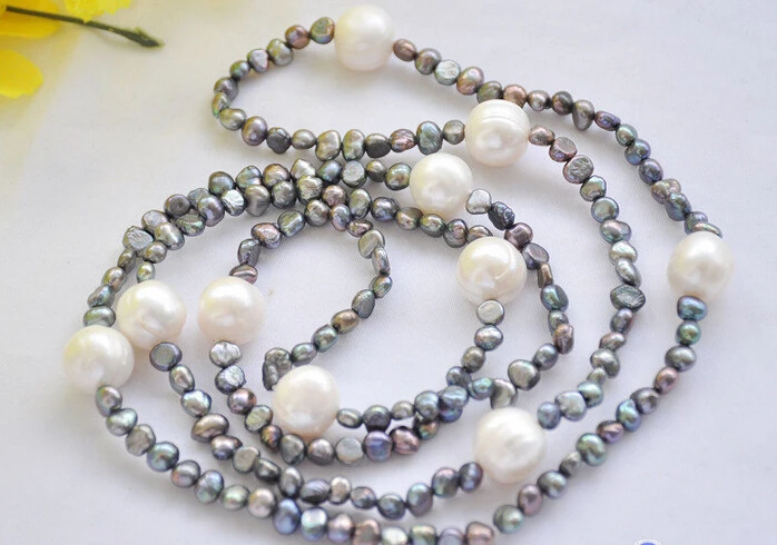 

FREE SHIPPING>@@> 0578 white round / black baorque freshwater pearl necklace