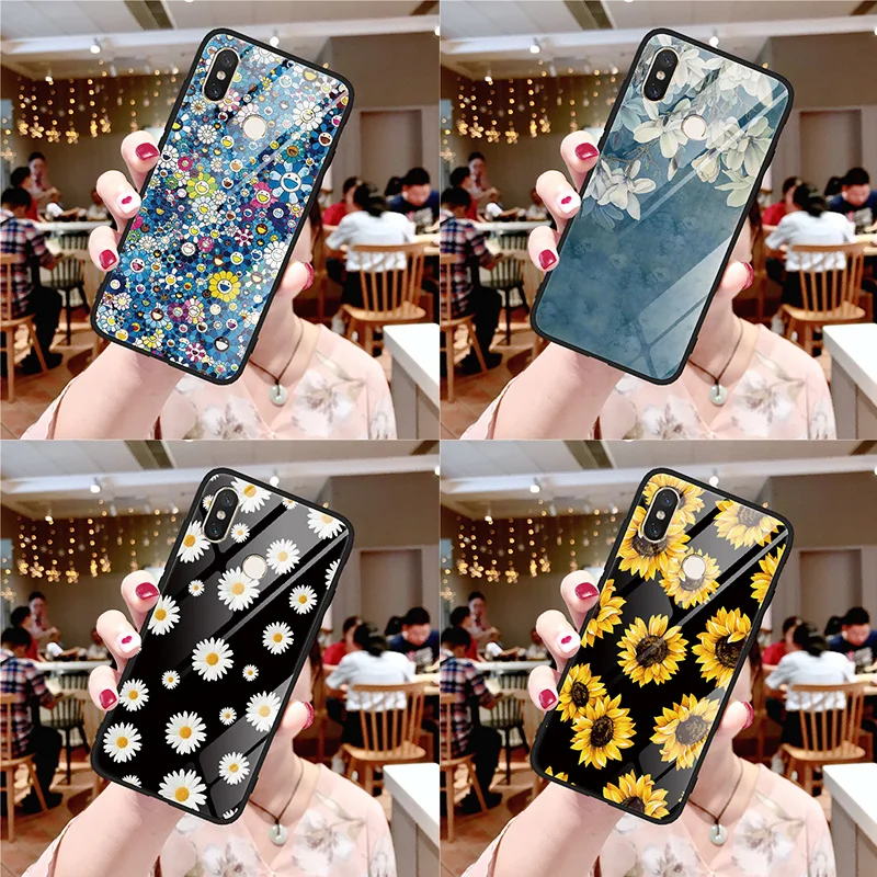 Чехол из ТПУ + закаленного стекла с цветком для Xiaomi Redmi 5 Plus Mi 8 9 SE Lite Explorer A2 6X 5S 6 Mix 2 2S