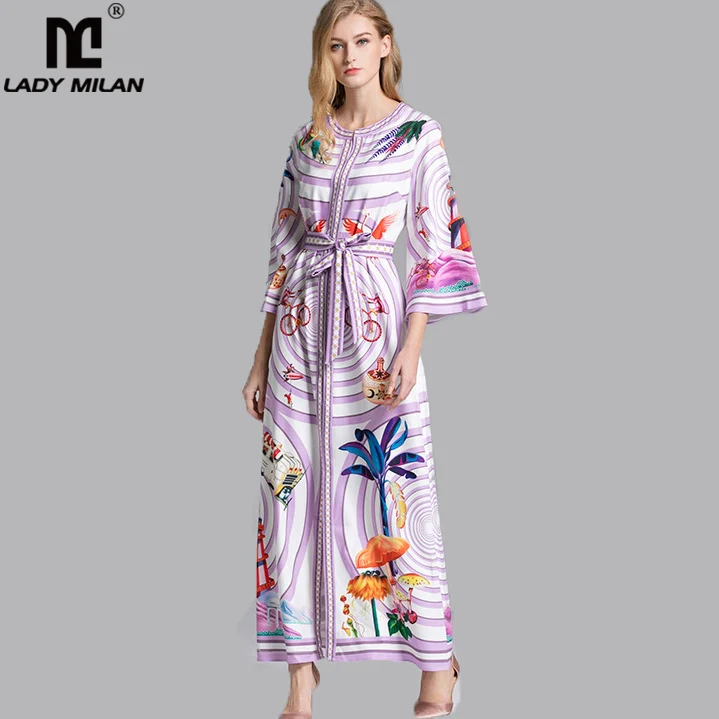 Women's Runway Dresses O Neck Long Sleeves Sash Belt Split Printed