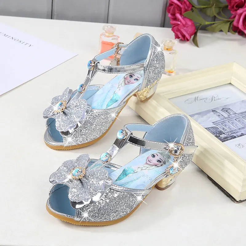 Children girls sandals,Frozen shoes for girls,Dancing and party shoe bow rhinestone bow else shoes EUR size 24-36 - Цвет: silver