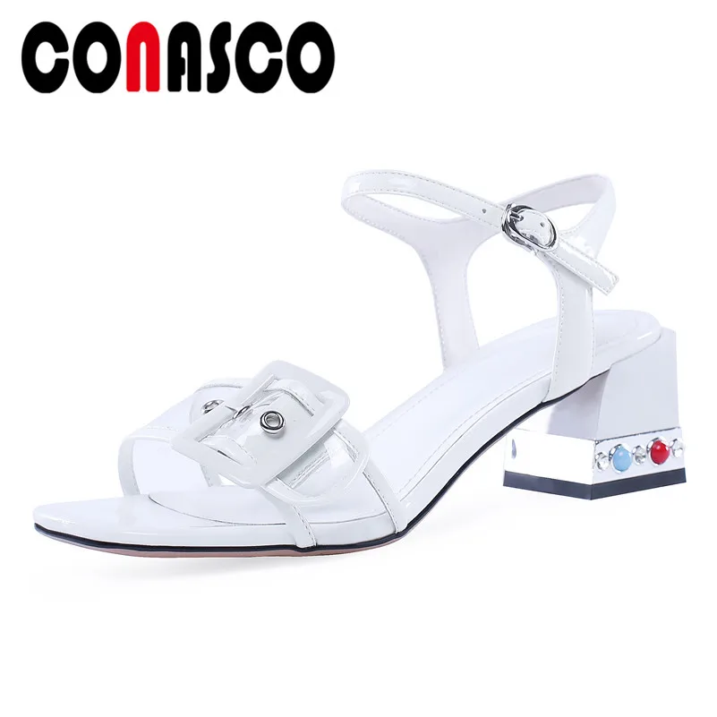 

CONASCO Fashion Solid Patent Leather Buckle Women Sandals 2019 Summer New Basic Shoes Woman Party Casual Square Toe High Heels