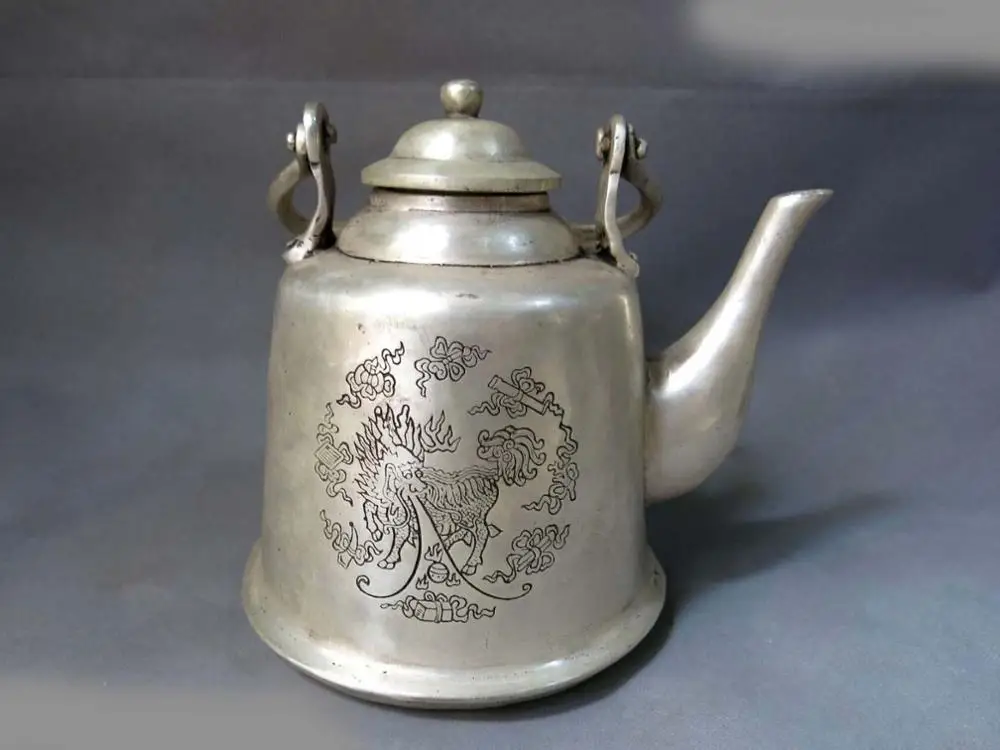 

8" China silver feng shui lucky Kylin and Foo Dog Lion Teapot sculpture Statue