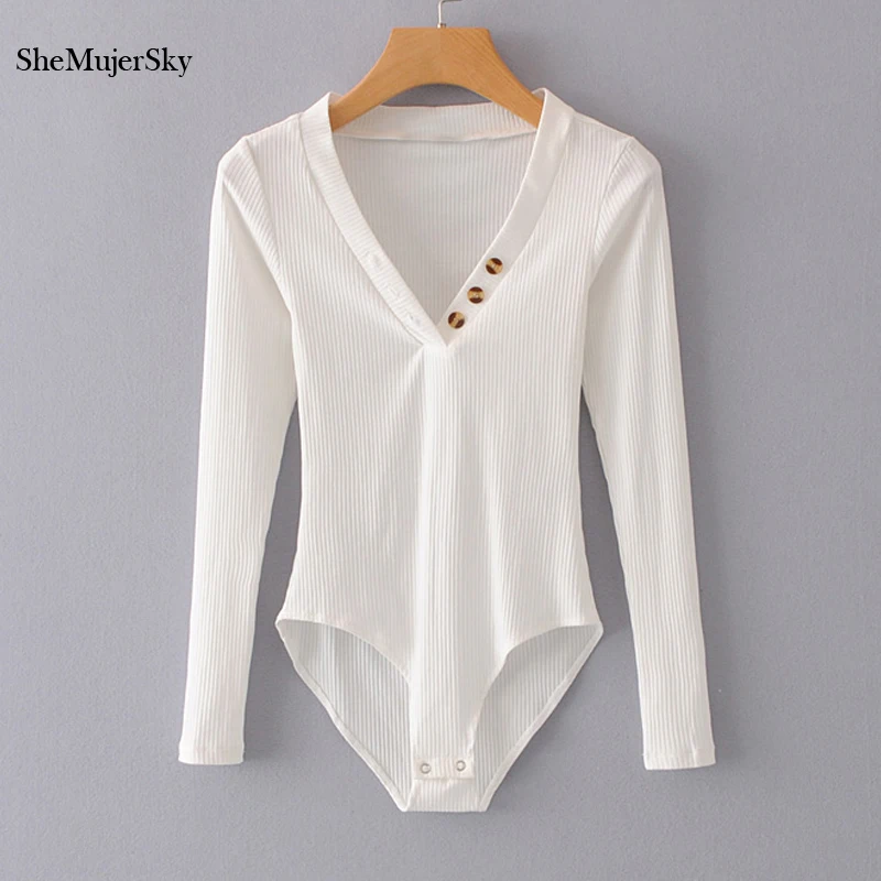 SheMujerSky النساء مرونة الصلبة داخلية طويلة الأكمام الخامس الرقبة أزرار أنيقة حللا 2018 الأسود ارتداءها