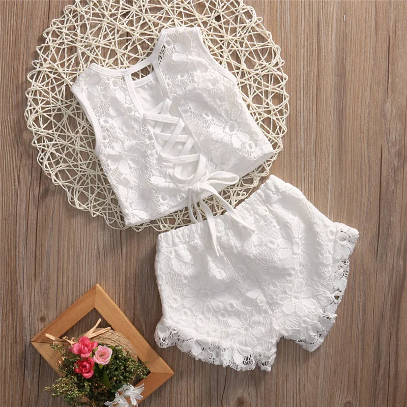 

Sweet Toddler Kid Baby Girls Sleeveless Lace Crochet Bow Back Tops Lace Floral Shorts 2PCS White Summer Set Clothes Outfits 2-7T