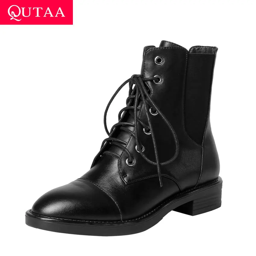 

QUTAA 2020 New Autumn Winter Lace Up Platform Cow Leather Low Heel Comfort Women Shoes Round Toe Casual Short Boots Size 34-39