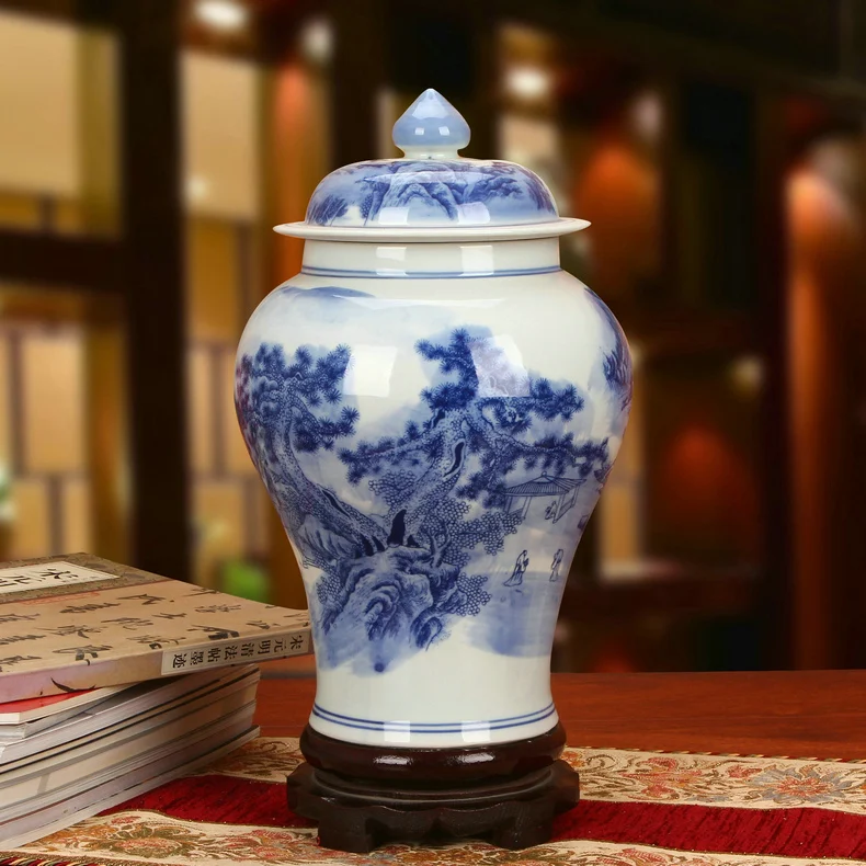 Blue and White Chinese ceramic ginger jar vase Antique Porcelain temple jars home decoration jars for collection (1)