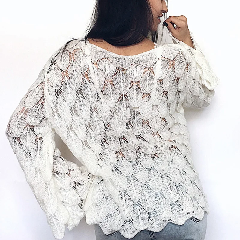 

HEE GRAND Sweater Women Feather Knit Sweater With Slash Neck Pullovers Solid Casual Daily Sueter Mujer Invierno 2019 WZM1494