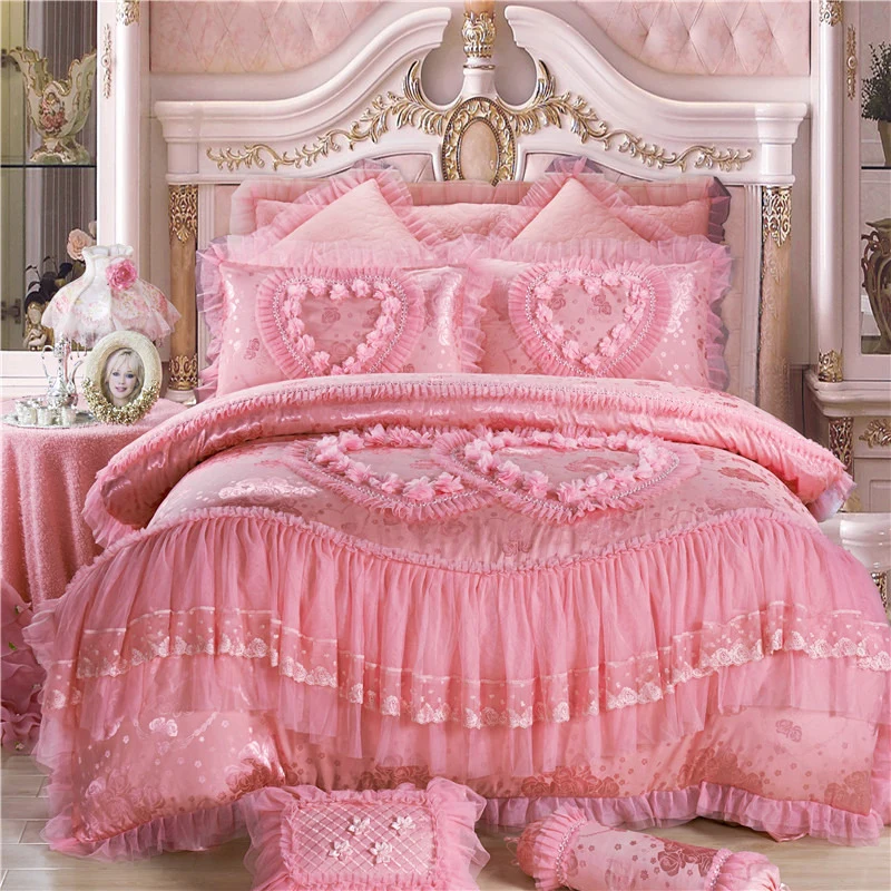 Розовый и красный цвет Цвет роскошные свадебные Постельное белье шелковое хлопковое постельное белье, покрывало на кровать, простыни постельное белье, наволочки для подушек, 4/6/9 шт