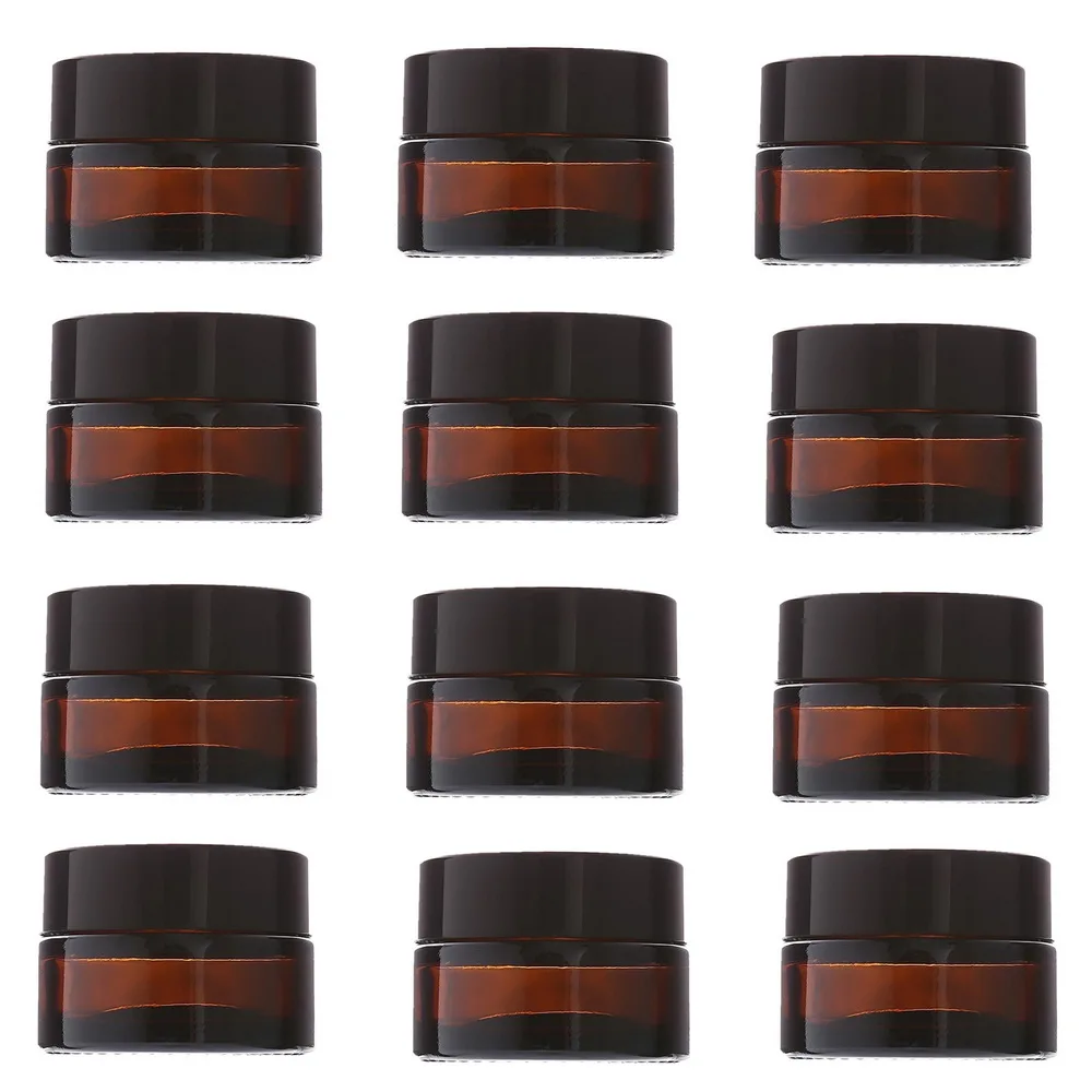 12pcs 20g Amber Glass Cream Jars Cosmetic Packaging With Lid Black Plastic Caps Inner Liners