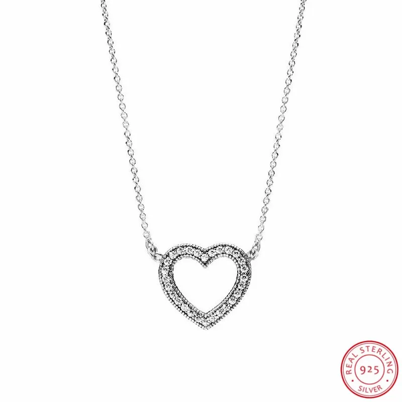 

925 Sterling Silver Shimmering CZ & Classic LOGO 45cm Adjustable Cut-out Loving Hearts Pendants Long Necklaces for Women FLN031