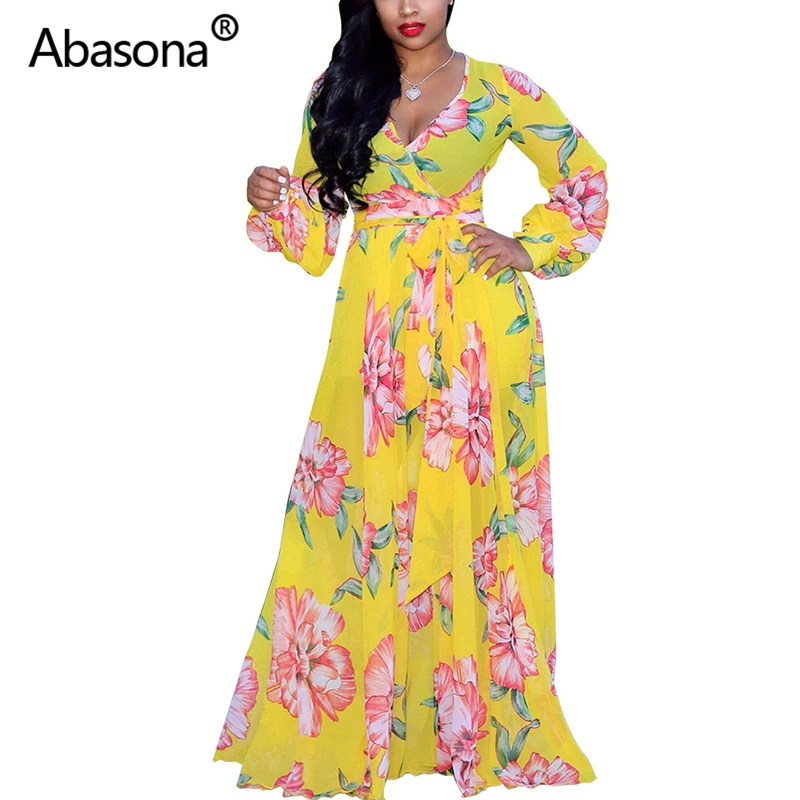 Abasona, шифоновое женское летнее длинное пляжное платье, цветочный принт, макси платье, большой подол, пояс, v-образный вырез, элегантные вечерние сексуальные платья для вечеринок - Цвет: Цвет: желтый