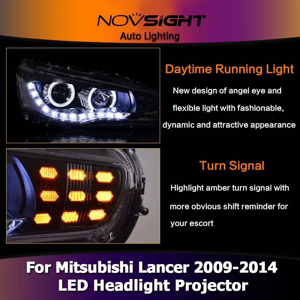 NOVSIGHT 2 шт. Автомобильный светодиодный проектор датчик фар светодиодный налобный фонарь для Mitsubishi Lancer 2009