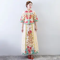 Китайский традиционный дамы Cheongsam костюм Шампанское невесты свадебное платье вышивка павлин за рубежом Винтаж брак Qipao S-XL