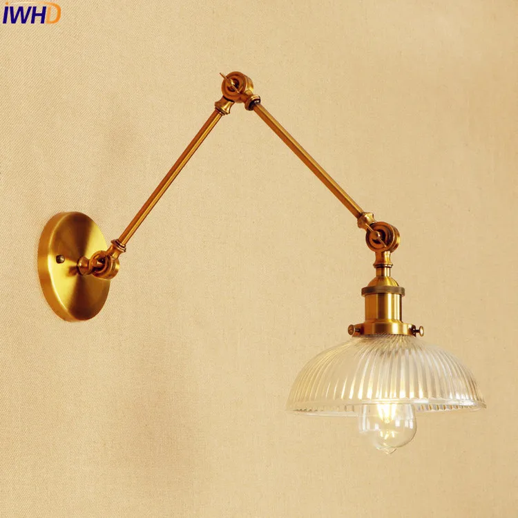 

IWHD Antique Glass Vintage Wall Lamp LED Edison Bedroom Gold Adjustable Long Arm Wall Light Wandlampen Loft Lamparas De Pared