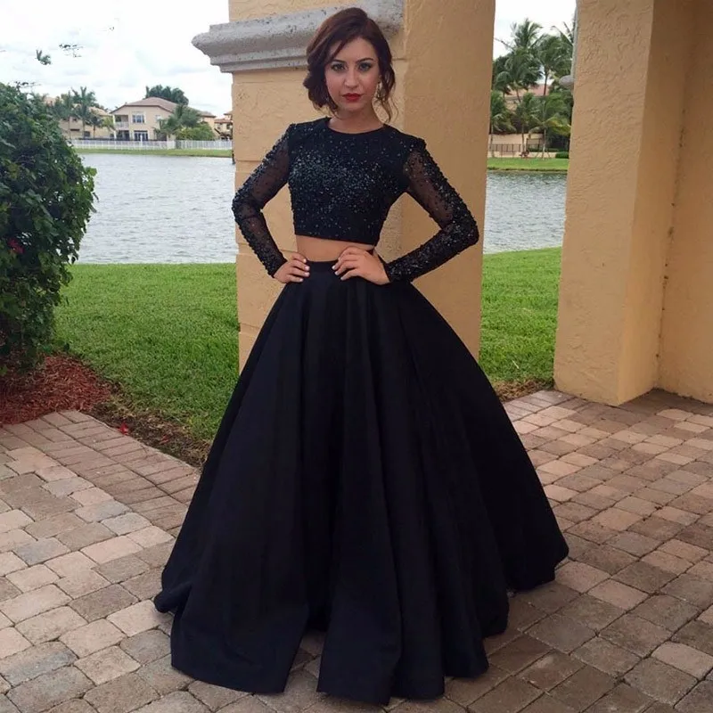 Two-pieces-long-sleeves-Prom-Dresses-2017-black-A-line-beaded-Robe-De-Soiree-Evening-Party_