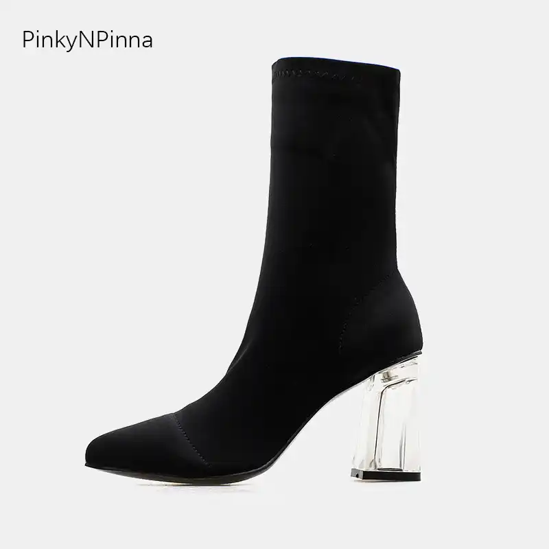 black ankle boots with clear heel