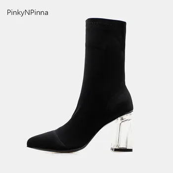 

2019 fall women ankle boots black stretch fabric sock clear square transparent heels slip on booties elegant ladies dress shoes