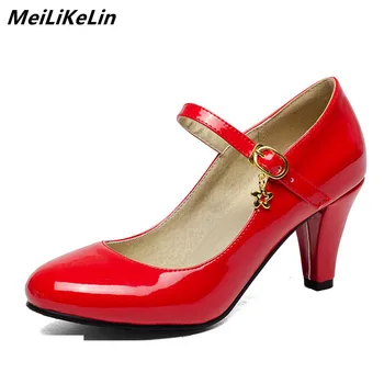 

MeiLiKeLin Women Mary Janes Pumps Spike Heel 8 cm Patent Leather offcie Lady Pumps Black Red High heels shoes plus size 34-41