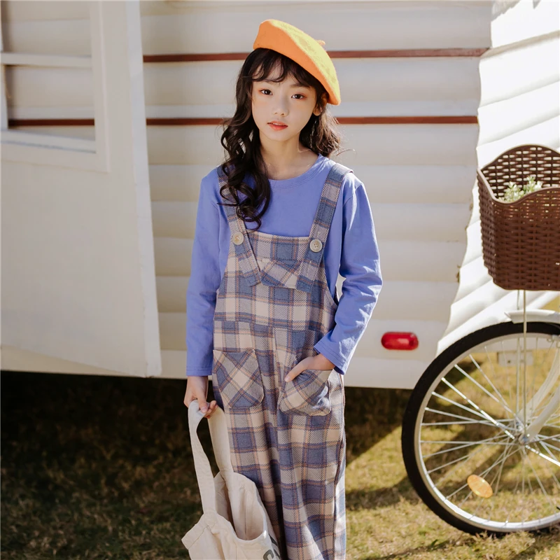 

Kids Girls Long Sleeve Round Collar Blue T-shirt and Belt Trousers Set Spring Children Cotton Clothes Girls Plaid Pants Suits