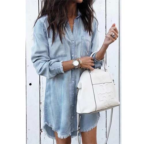 

Women Shirts Casual V Neck Blouse Tassel Denim Top Ladies Tunic Long Sleeve Shirt Summer Long Tops Fashion