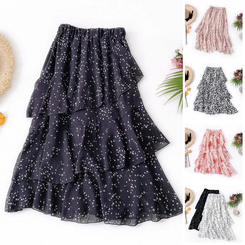 Women Skirt Summer Chiffon Skirts Layered Printed Ruffled Holiday High Waist Stylish Midi Sweet Skirts