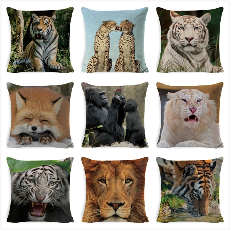 Animal Cushion Cover Lion Tiger Polar Bear Cushion Case Cotton linen Square Pillow Case Modern ca Home Decor Throw Pillow Case