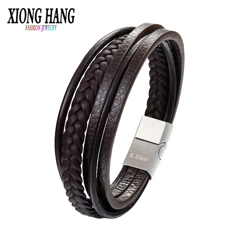 XiongHang, модный браслет из натуральной кожи, мужские браслеты из нержавеющей стали, плетеная веревка, цепочка для Мужчин, Ювелирные изделия, винтажные подарки