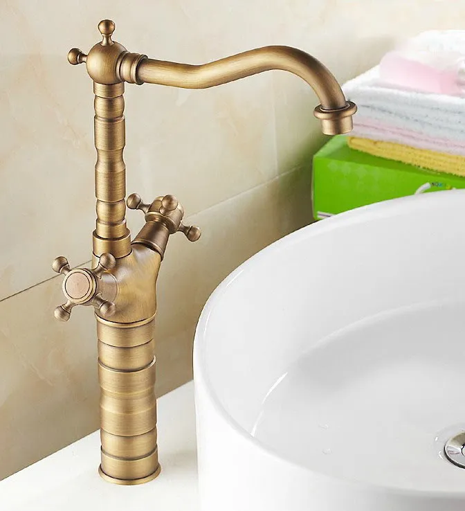Antique Brass Dual Cross Handles Swivel Kitchen Bathroom Sink Basin Faucet Mixer Taps anf103