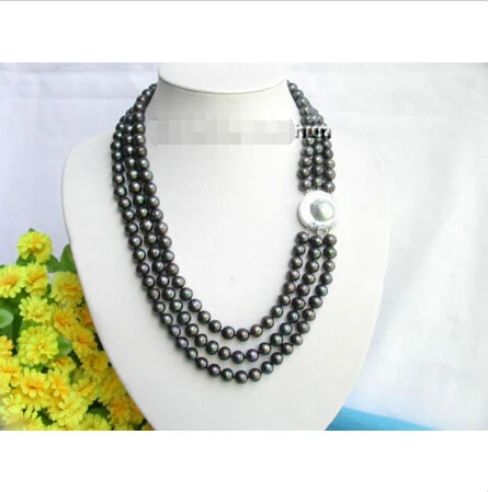 

Free shipping >>>>>> 10mm 3row black pearls necklace blister pearl 925ss clasp