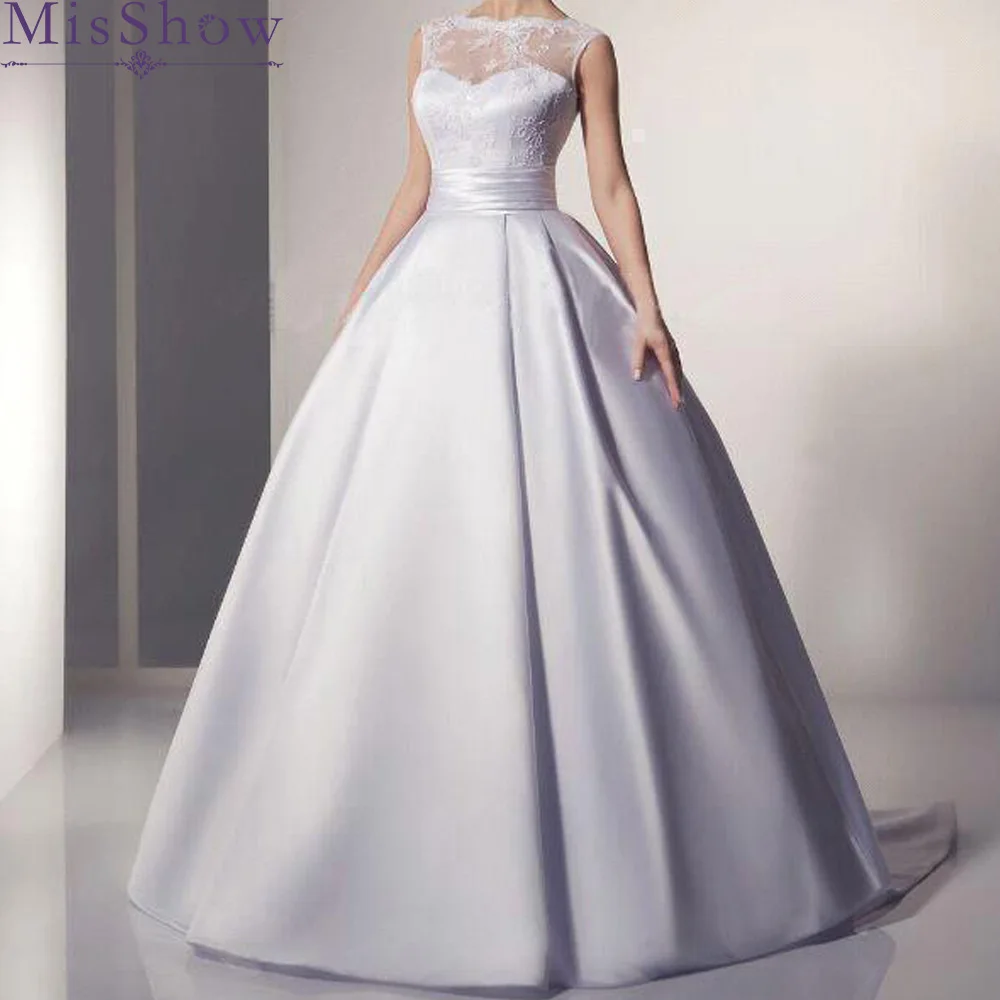 

Cheap Plus size wedding dress 2019 Vestido De Novia Longo Bridal Dresses Satin with Lace Robe de Marriage plus size Ball Gown