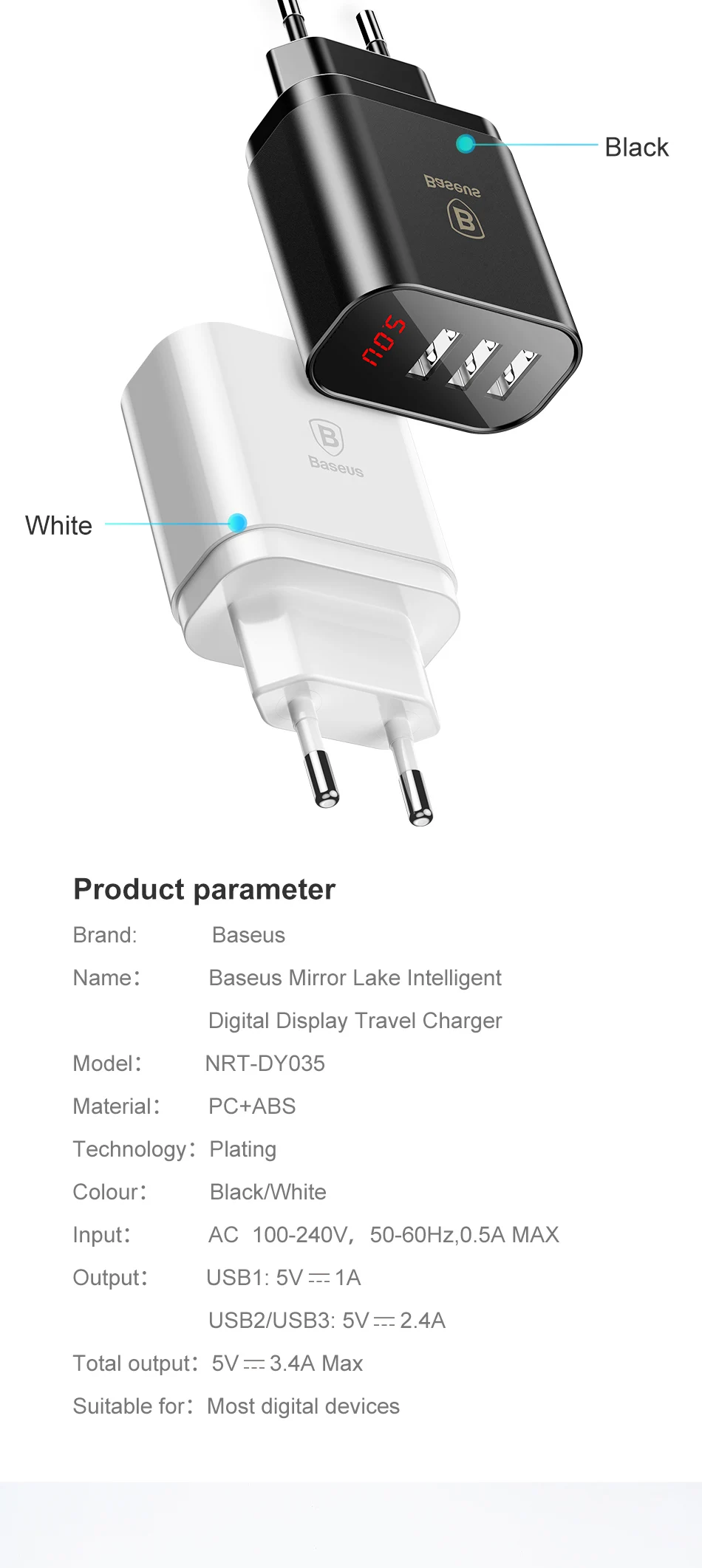 Baseus светодиодный цифровой 3 Порты USB Зарядное устройство ЕС Подключите мобильный телефон для быстрой зарядки стены Зарядное устройство 3.4A Max для iPhone X 8 7 samsung S9 S8