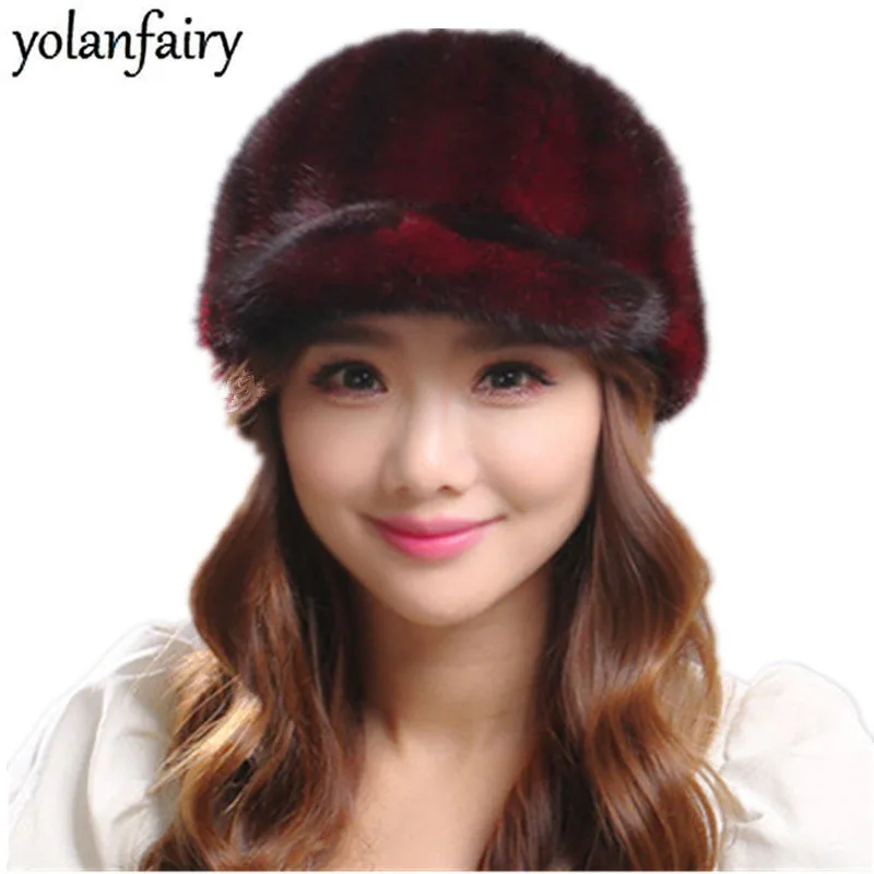 

Russian Winter Cap Women's Natural Mink Fur Hat Large Fox Fur Pompom Ladies Fashion Streetwear Hat Warm Fur Czapka Zimowa MY820