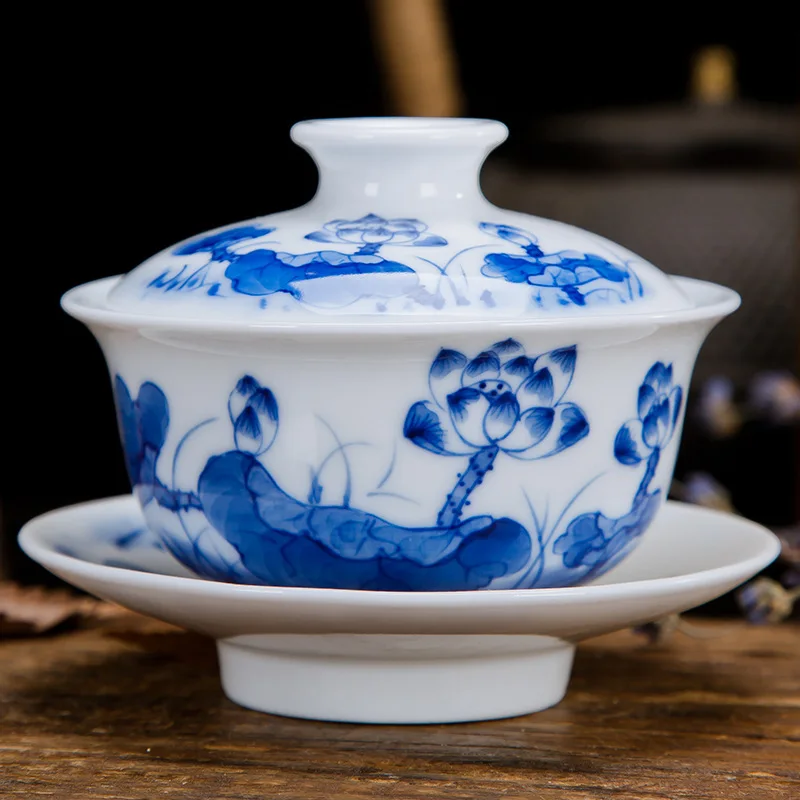 Masterwork Chinese Handpainted Jingdezhen Tea Set Gaiwan Ceramic Blue