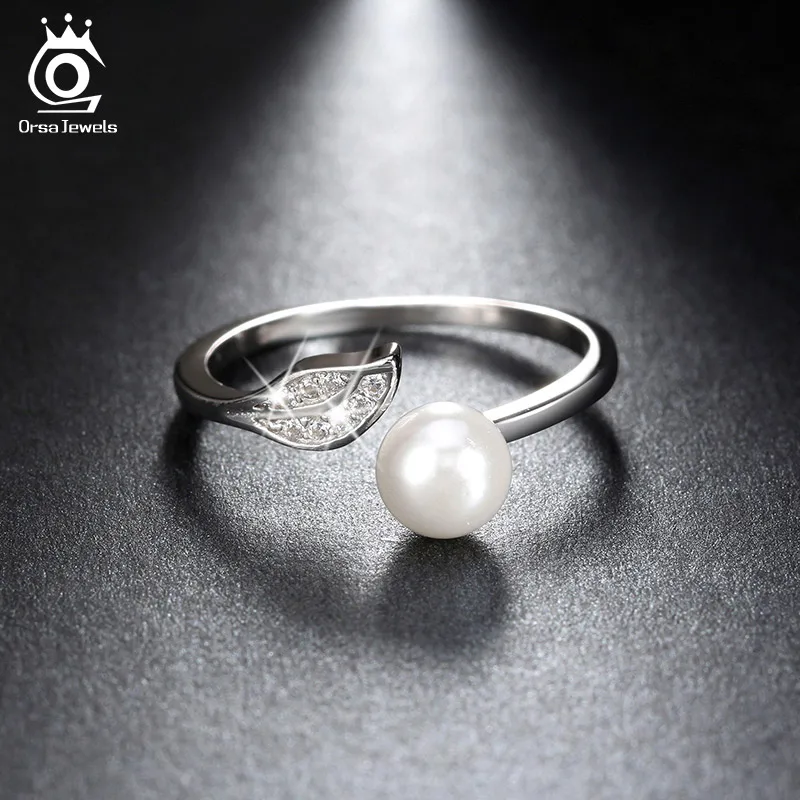 ORSA JEWELS Silver 925 Leaf CZ Rings Reliable with Big Simulated Pearl Sterling Silver Jewelry for Women SR16