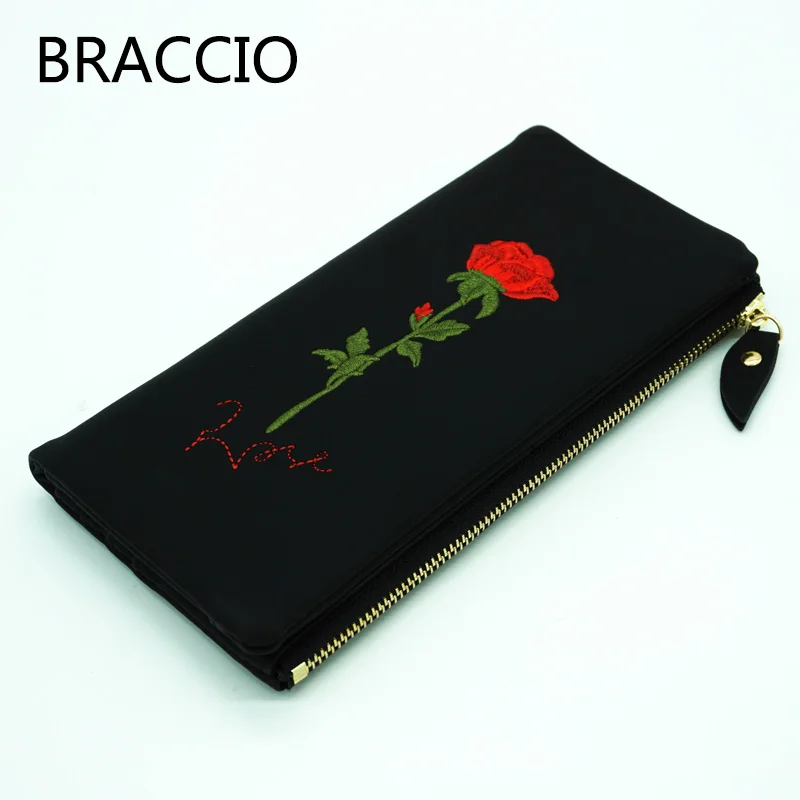 

BRACCIO New arrival in November 2017 Women's long wallet Black or White rose pattern External zipper Pocket