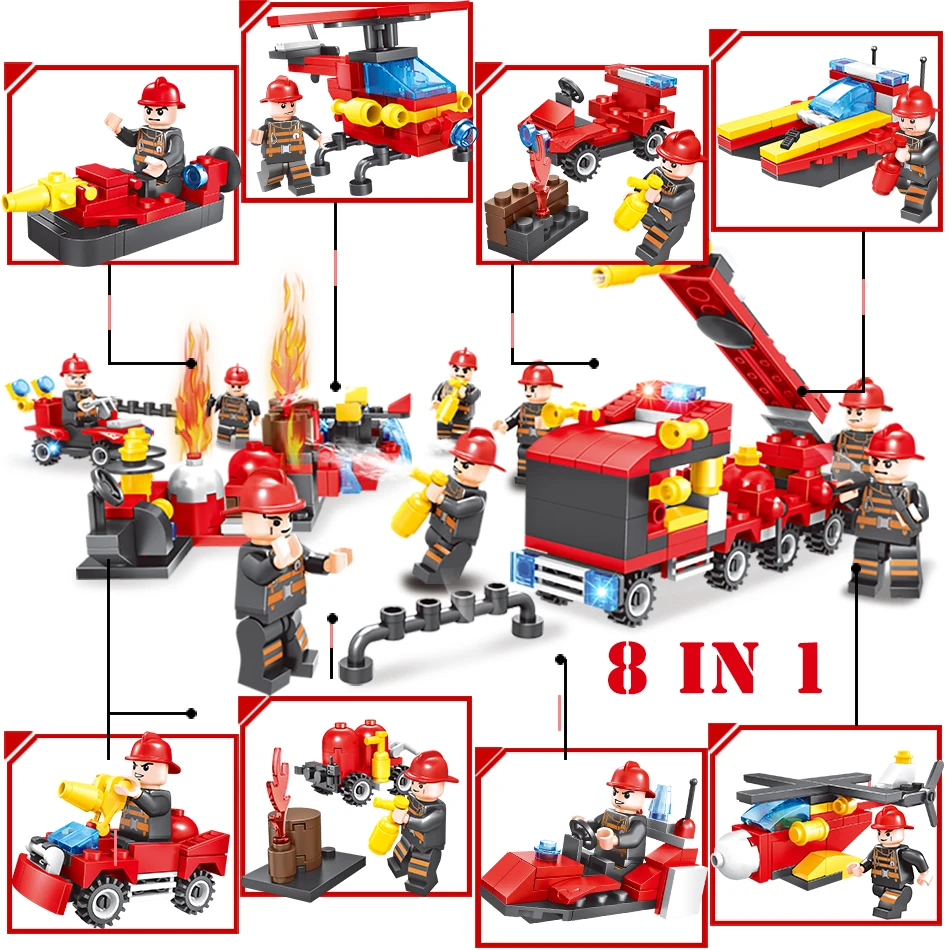 376pcs 8in1 Fire fighting Building model kit Legoings city truck Firefighter Helicopter Educational Bricks children Toys