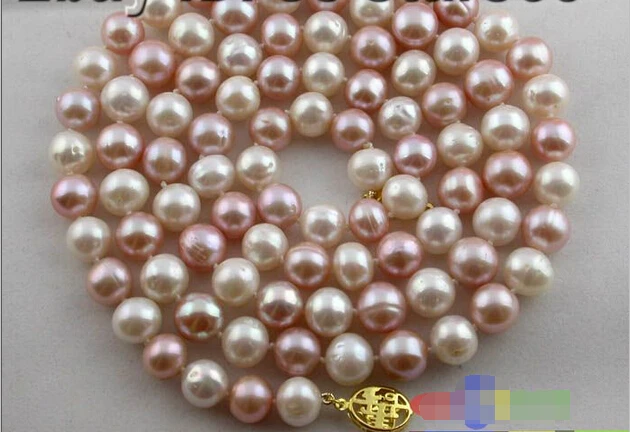 

GREAT 30" 9MM ROUND WHITE PINK FRESHWATER PEARL NECKLACE p604 ^^^@^Noble style Natural Fine jewe FREE SHIPPING