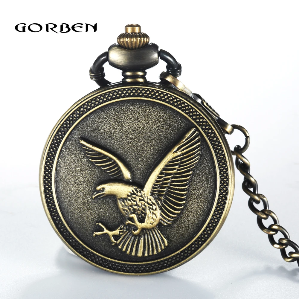 

2016 Vintage GORBEN Eagle Pattern Bronze Pocket Watch Men Retro Roman dual Quartz FOB Waist Chain Watch men and women Gifts