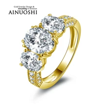 Ainuoshi 10 k sólido oro amarillo anillos de boda de tres filas de perforación Oval Cut Joyeria Fina Joyería Fina de 2 Quilates de Compromiso de Las Mujeres anillo