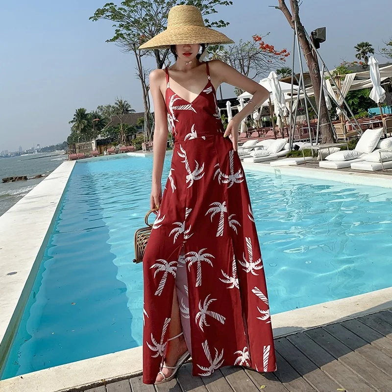 

Bohemian Women Maxi Dress Sexy V-neck Sling Long Dress Open Back Lace-up Beach Dresses