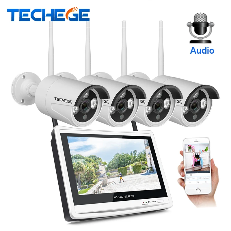 

Techege 4CH 1080P Wireless NVR Kits 12inch LCD Display 2MP HD Outdoor Audio IP Camera Home Security System Surveillance Kits