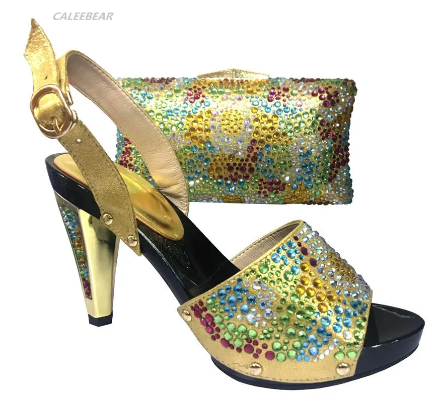 High Quality Gold Shoe and Bag To Match Italian African Wedding Shoe and Bag Set Fashion Women